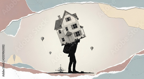 Man silhouette carrying oversized house as a heavy burden on a textured pastel collage art background for real estate blogs, finance websites, and mental health awareness