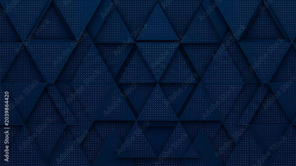 Fototapeta premium Overlapping dark blue triangular panels with a fine white dotted pattern create a detailed geometric texture.