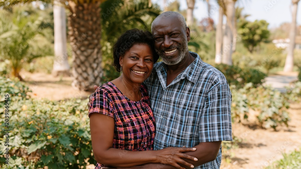 Fototapeta premium Heartwarming portrait of a happy smiling senior couple standing close together affectionately in a bright park filled with natural daylight.