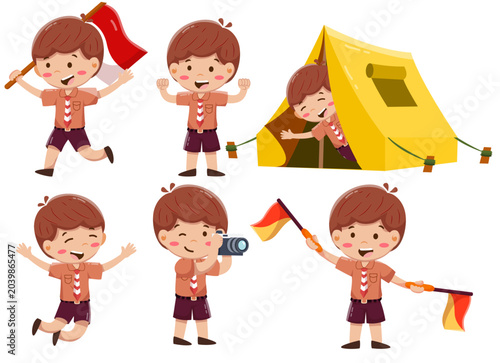 Cute Boy Scout Character Set for Outdoor Camping and Activities