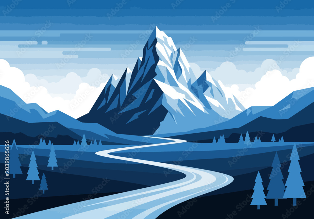 Fototapeta premium Minimalist Vector Landscape of a Majestic Snow-Capped Mountain Peak with a Winding Path and Forest in Shades of Blue