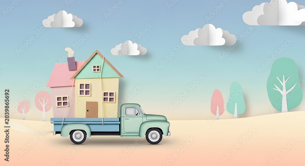 Obraz premium Paper cut-out pickup truck with an oversized house, a pastel paper craft concept for real estate blogs, new home moving websites, property investment, and relocation planning