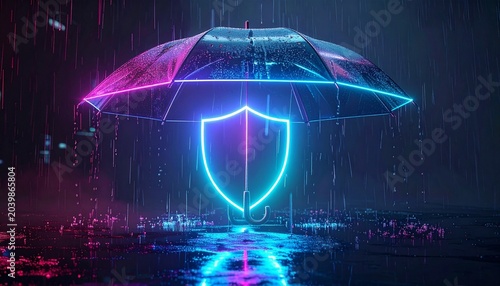 Transparent umbrella glows with neon resilience, shield radiating digital protection; rain and mist merge with cyberpunk light, symbolizing security, endurance, and transformation in modern realms.