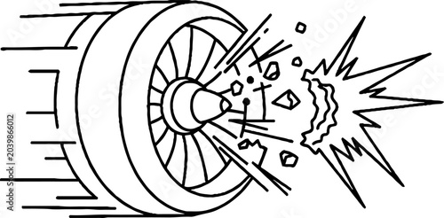 Exploding car tire with dramatic flying debris illustration.