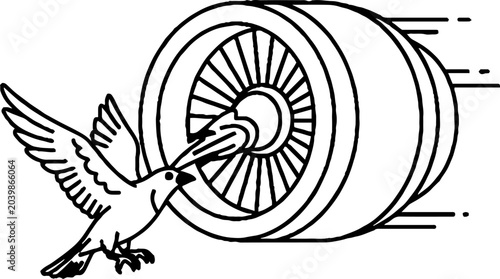 Hummingbird interacting with spinning jet turbine illustration.