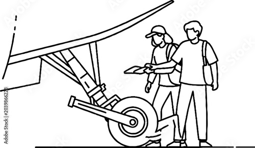 Two people inspecting and preparing a hang glider setup.