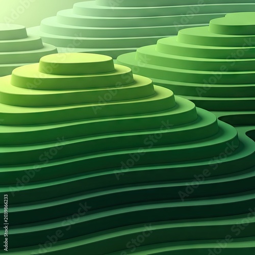 Abstract layered terrain illustration in shades of green with dimensional effect