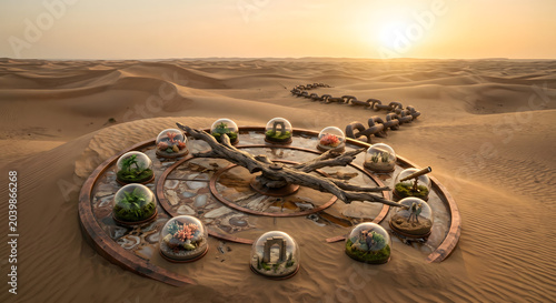 Giant desert clock with terrarium landscape