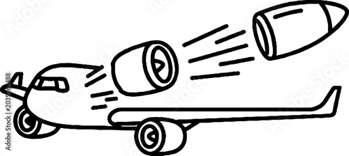 Commercial airplane with engines malfunctioning and sparks illustration.
