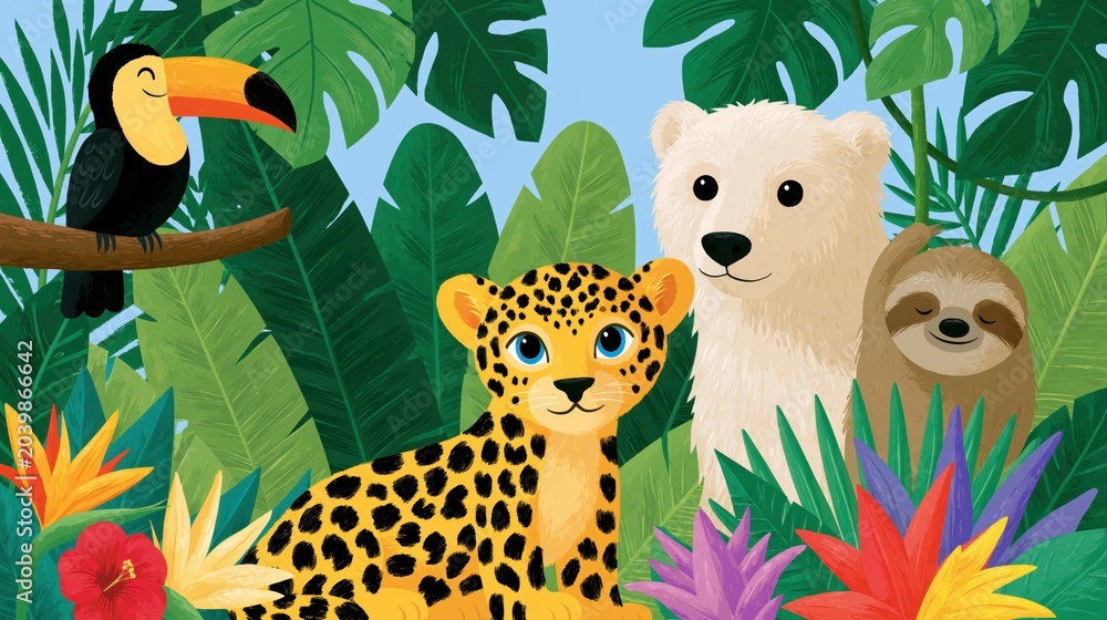 Fototapeta premium Whimsical jungle scene featuring a cute leopard cub, a colorful toucan, and a sloth resting in a sunlit rainforest with vibrant vegetation.