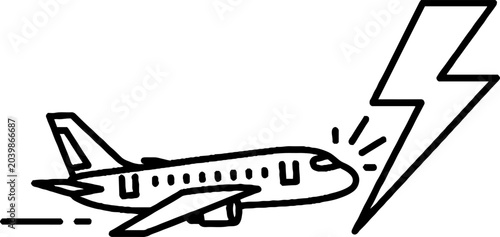 Commercial airplane struck by lightning bolt illustration.