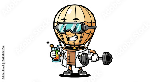 Cartoon Hot Air Balloon Character Lifting Weights and Holding Potion.