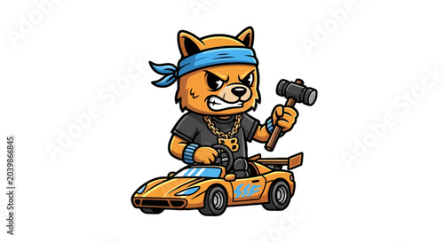 Cartoon Cat Character Holding Hammer in Race Car.