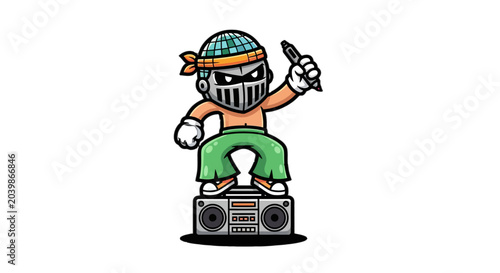 Cartoon Character Dancing With Boombox On Head Colorful Outfit.