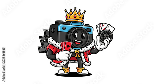 Playful Camera Character Wearing Royal Crown and Robe.