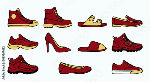 Seamless pattern and icon sheet of modern footwear featuring high heels boots and sandals