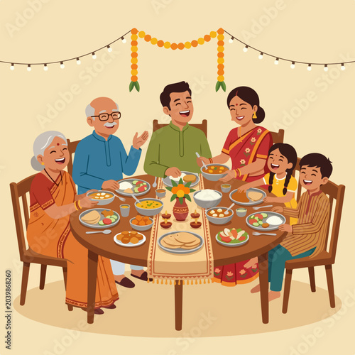 Indian family having a festive dinner together at home.