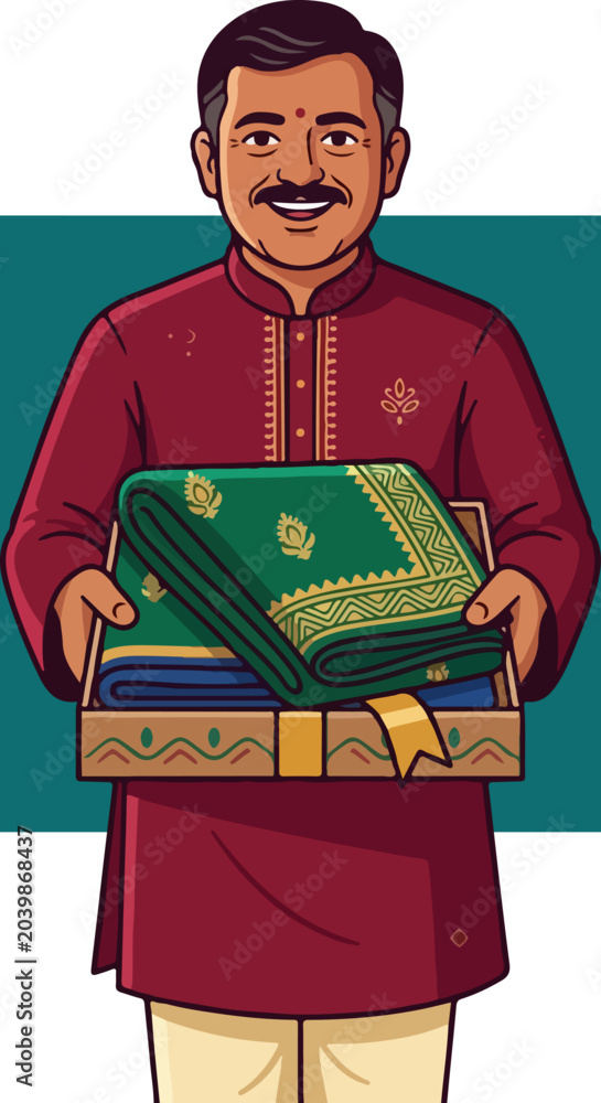 Fototapeta premium Man Holding Traditional Indian Fabrics.