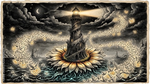 Dark fantasy angel rising from giant flower
