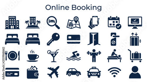 Fotografi Online hotel booking service icons representing various travel and accommodation