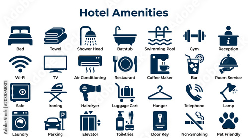 Cuadro en lienzo Hotel amenities icons set isolated on white background representing services and facilities available for guests in a hotel accommodation