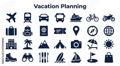 Photos Collection of travel and vacation planning icons representing different modes of