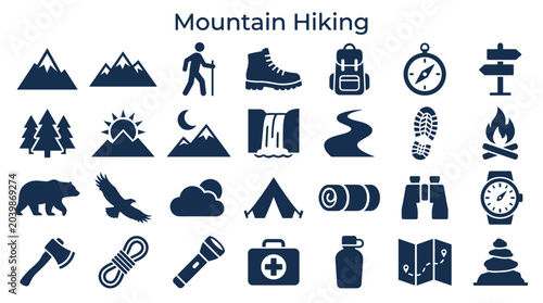 Foto Collection of mountain hiking icons and symbols for outdoor adventure travel and