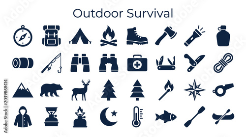 Bild auf Leinwand Collection of outdoor survival and camping icons representing essential gear and