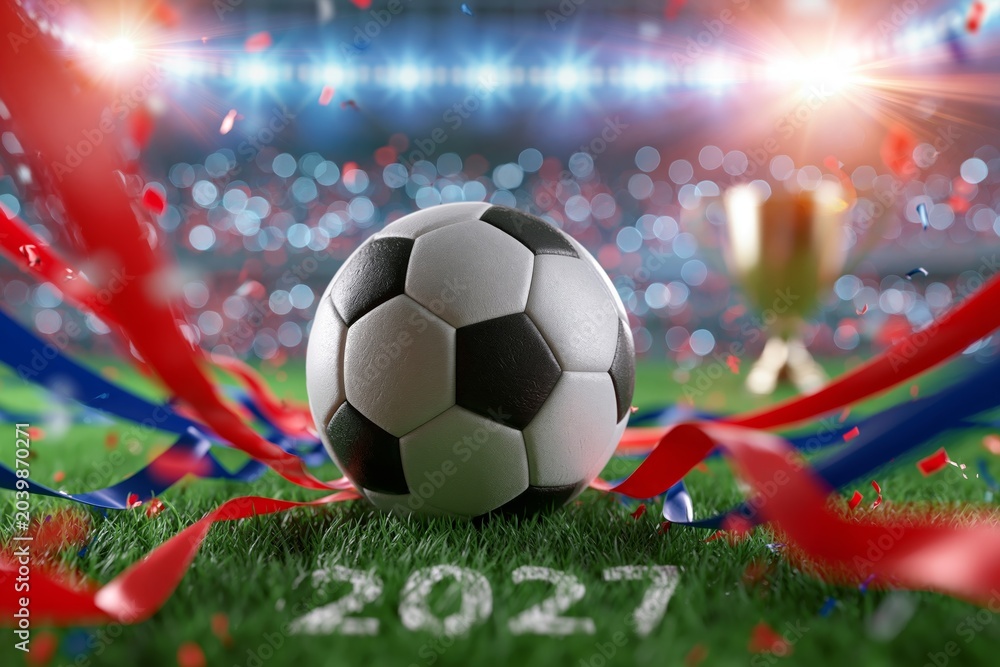 Fototapeta premium Soccer Ball on Stadium Field with World Cup Trophy and Festive Decorations for World Cup Tournament