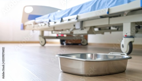 New Stainless Steel Bedpan Placed Under a Hospital Bed Ready for Patient Care