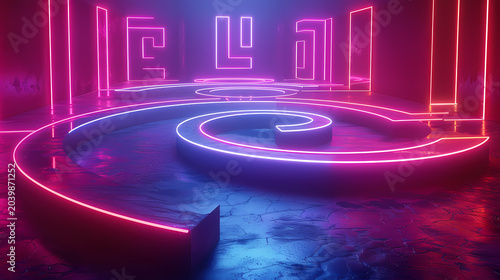 Geometric neon spiral labyrinth building hypnotic glowing labyrinth with geometric neon shapes in spiral form, dark background enhances the brilliance of neon labyrinth spiral pattern.