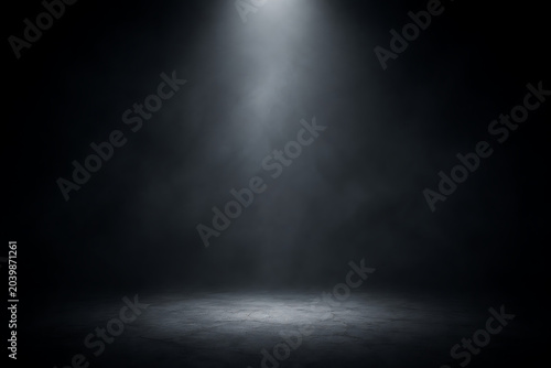 Dark Smoky Spotlight Background with Dramatic Lighting and Atmospheric Fog
