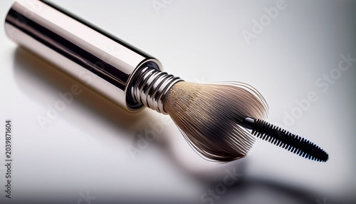 a beautifully lit macro shot of a single mascara serum applicator with the bristles elegantly curved against a soft white background highlighting the precision and delicacy of the product