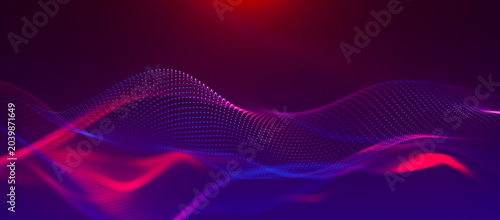 Abstract background with dynamic color wave. Futuristic dotted wave of bright particles. Colorful background for presentation design. Wide format 3D illustration.