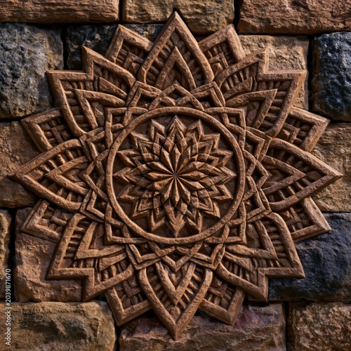 Ancient sandstone temple wall featuring an intricate, symmetrical mandala carving with deep textures.