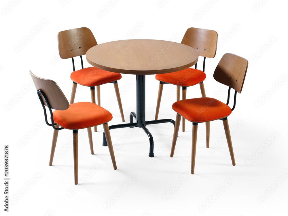 Fototapeta premium Modern dining or cafe set featuring a round wooden pedestal table surrounded by four matching chairs with orange fabric seats and wooden backs, isolated on a white background.