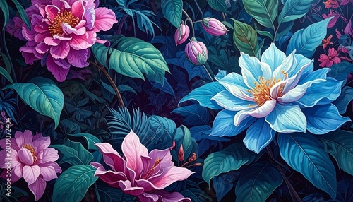 A vibrant illustration showcasing blooming flowers in various hues of pink and blue, surrounded by lush green foliage