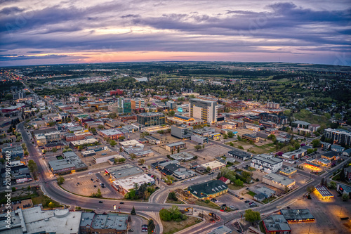 Aerial View of downtown Red Deer, Alberta during Summer Dusk