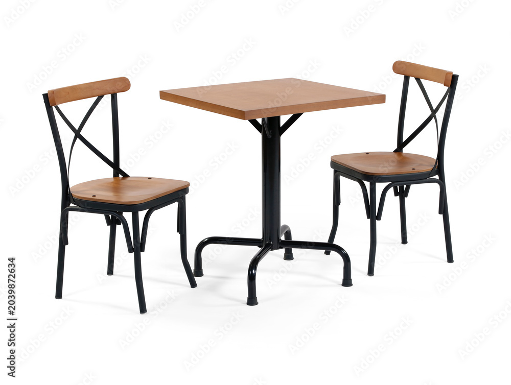 Fototapeta premium Small restaurant or cafe set consisting of a square wooden top table with a black metal pedestal base and two matching wooden cross-back metal chairs, isolated on a white background.