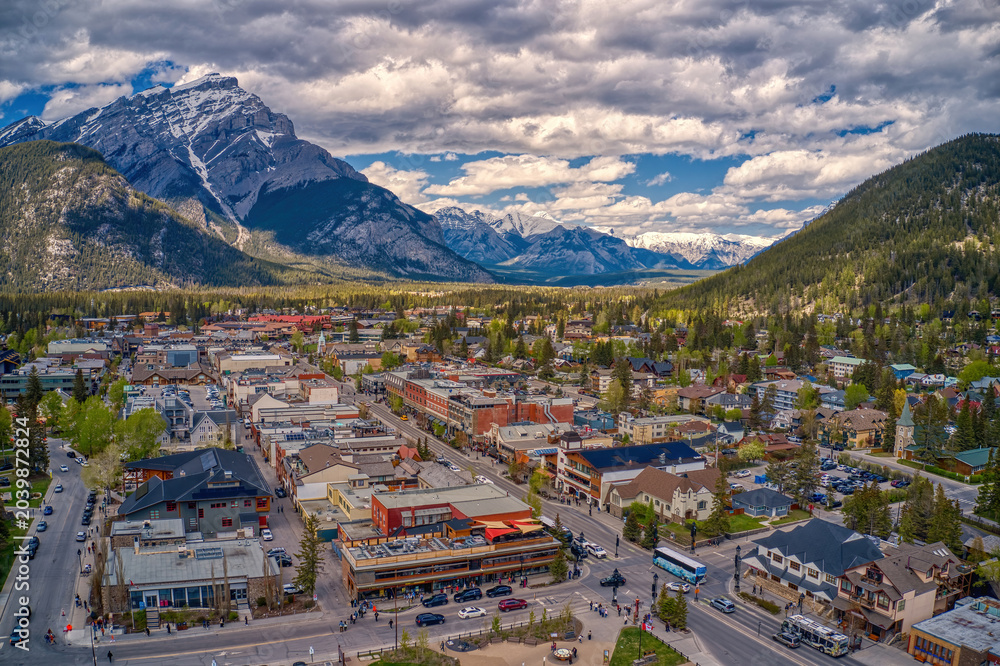 Obraz premium Aerial View of tourist town Banff, Alberta in Summer
