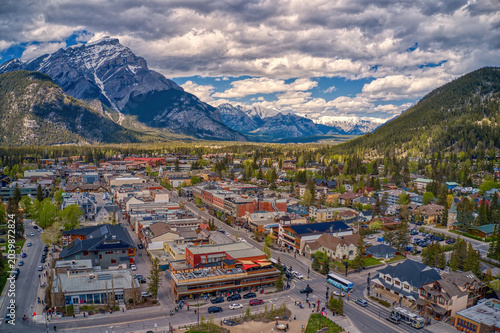 Aerial View of tourist town Banff, Alberta in Summer