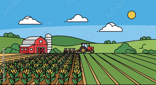 Canvas Print Farm landscape with tractor cultivating cornfield and barn