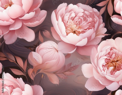rosy whispers blush peonies swirl amidst ethereal abstract shapes generating a lush whimsical seamless pattern for luxurious fashion designs