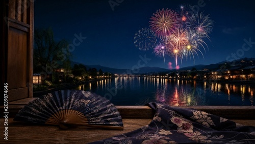 yukata. Folded fan and yukata sleeve on doorstep with fireworks over Sumida River, Tokyo summer celebration. event programs, museum guides, designed for cultural heritage projects and event programs.