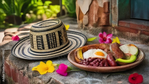 colombian. Sombrero vueltiao and bandeja paisa on stone doorstep, Colombian heritage concept. event programs, museum guides, designed for cultural heritage projects and event programs.
