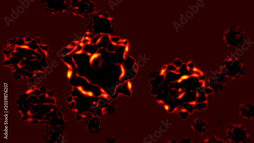 Canvas Print Bright red glowing microparticles resemble dangerous viruses floating in a dark space