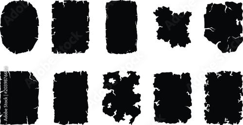 Collection of Abstract Black Grunge Frames and Torn Paper Shapes with Distressed Textures, Perfect for Vintage Design Elements and Creative Backgrounds