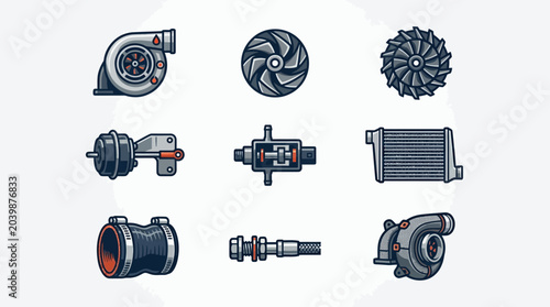 Bild auf Leinwand Collection of automotive engine performance parts and components.