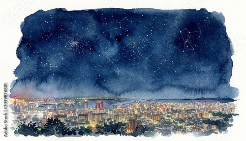 Watercolor illustration of panoramic city night view with starry sky
