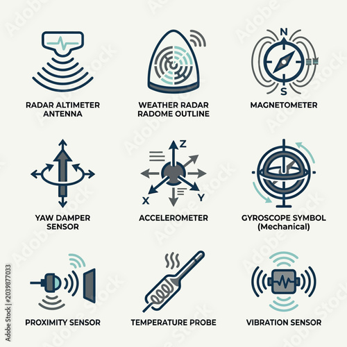 Collection of electronic sensor and measurement device icons.